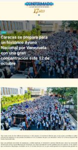 Caracas y toda Venezuela se prepara para un histórico Ayuno Nacional por Venezuela con una Gran concentración este 12 de Octubre